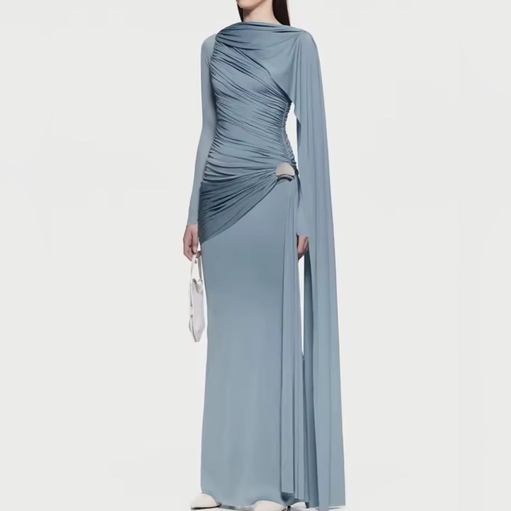 NEW $350 Pashmina Dress in Blue Draped Elegant Women's Dress